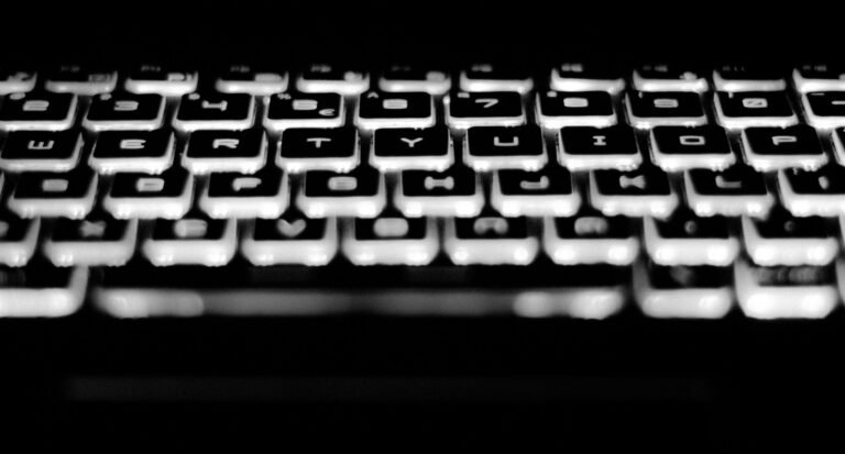 Black and white close-up image of a backlit keyboard showcasing keys and letters.